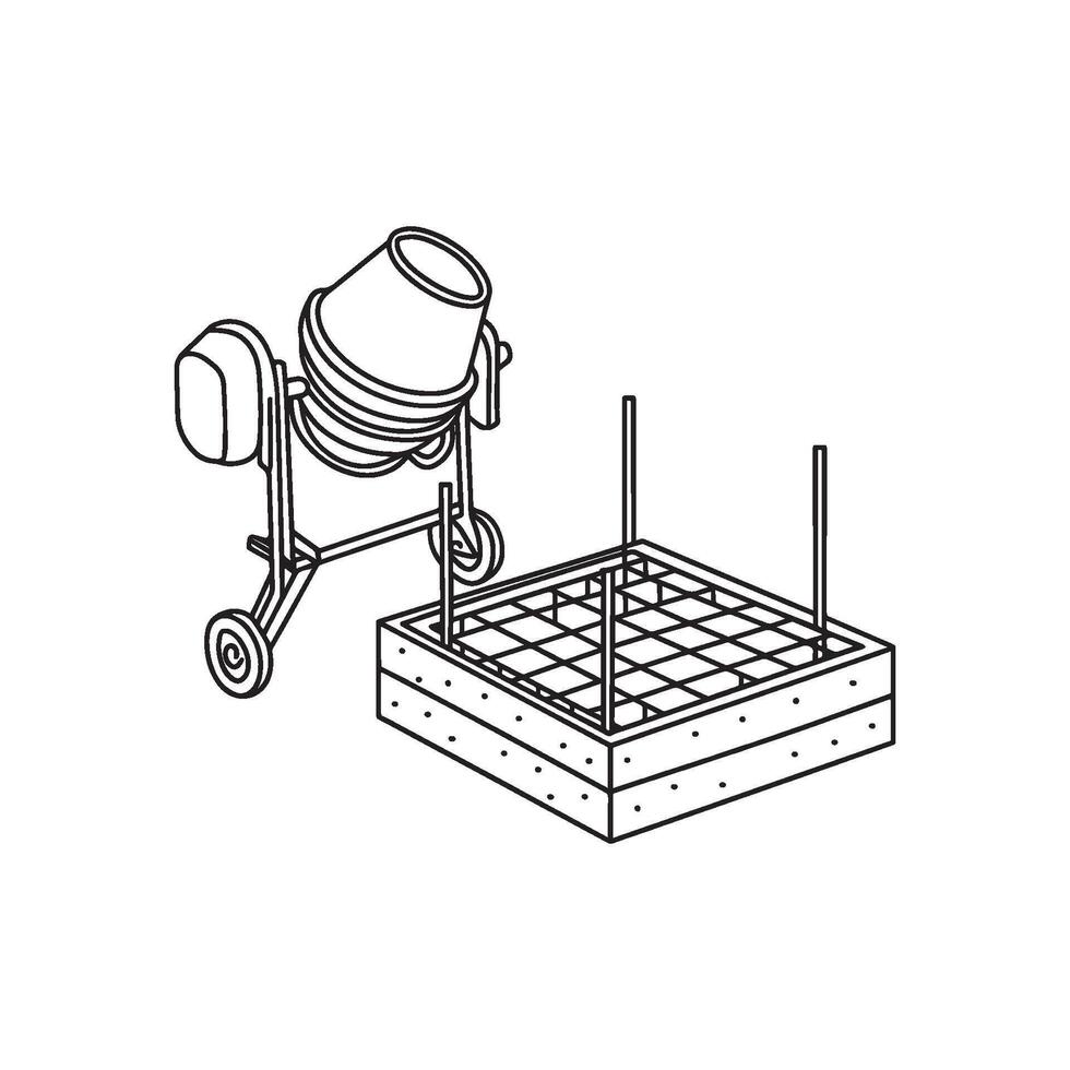 Illustration Doodle of a concrete foundation with rebar and cement mixer beside vector