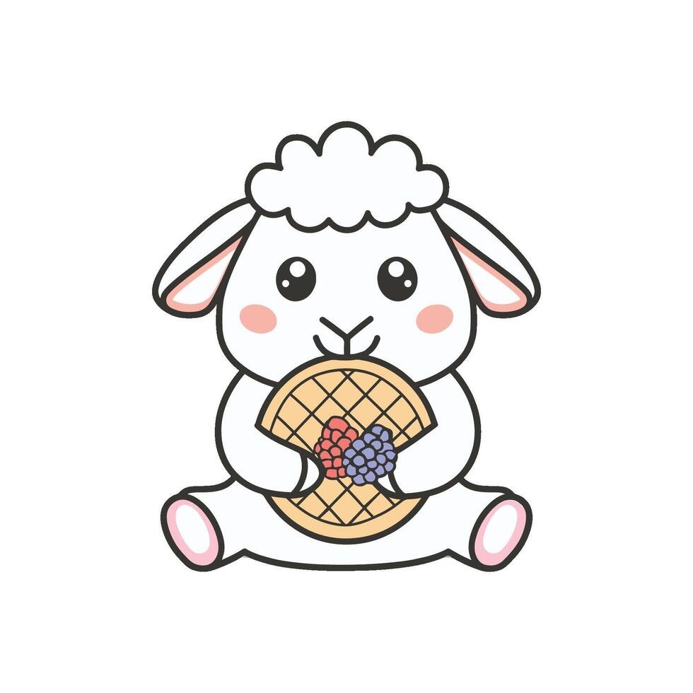 Simple illustration of cute sheep eating a waffle with berries vector