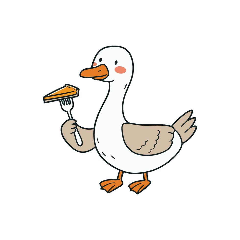 Simple illustration of cute goose holding a pie slice with a fork vector