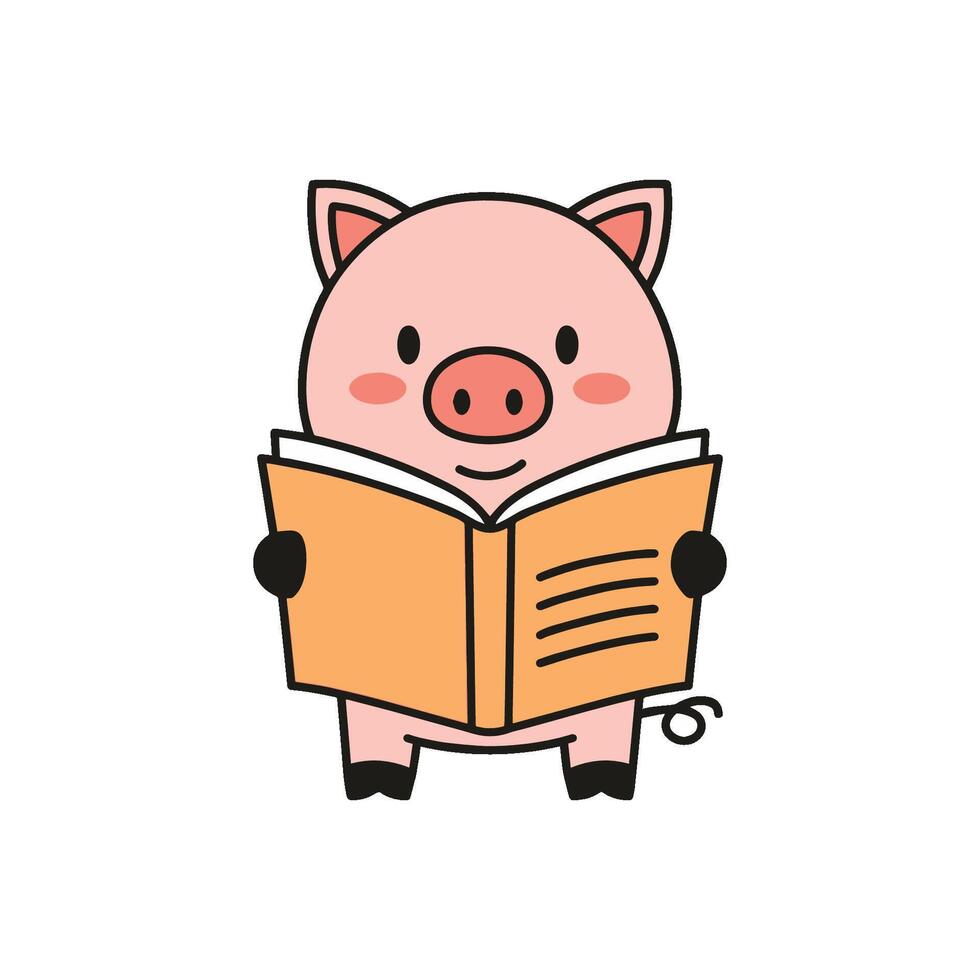 Doodle illustration of a cute pig reading a book vector