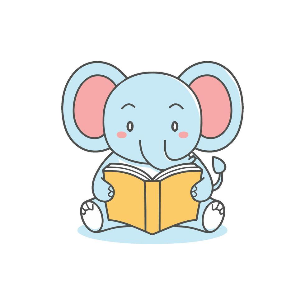Doodle illustration of a cute elephant reading a book vector
