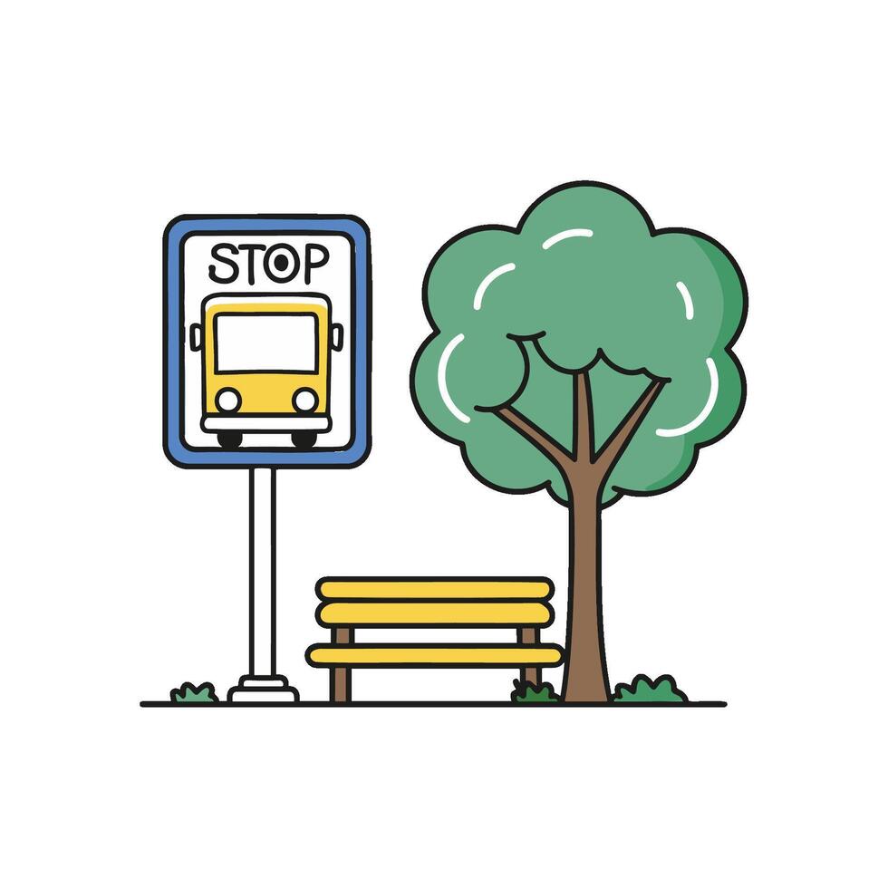 Illustration of bus stop sign stand beside park bench and tree vector