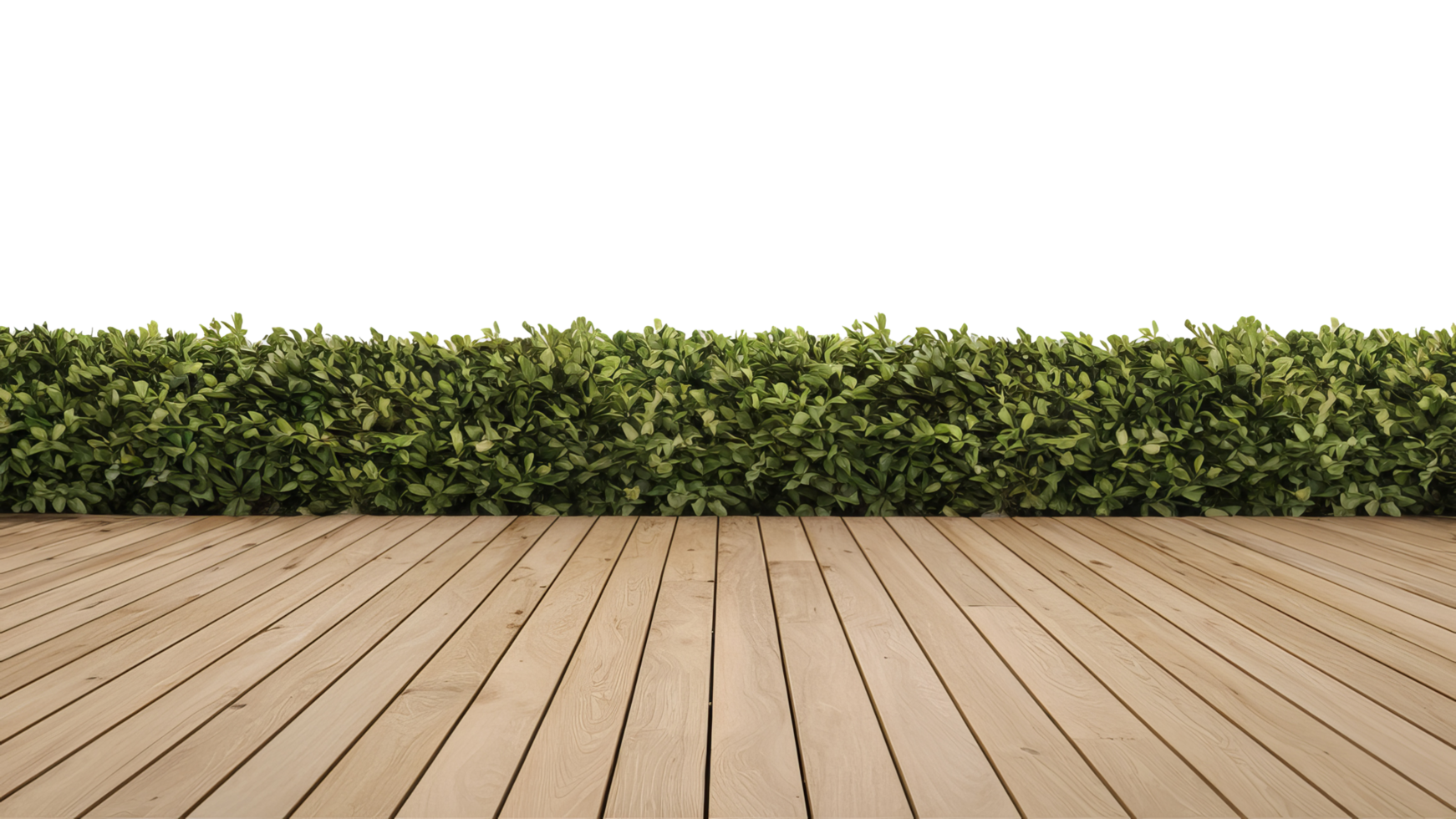Wooden table podium floor in outdoor tropical garden with blurry green leaf plants nature background with generative png