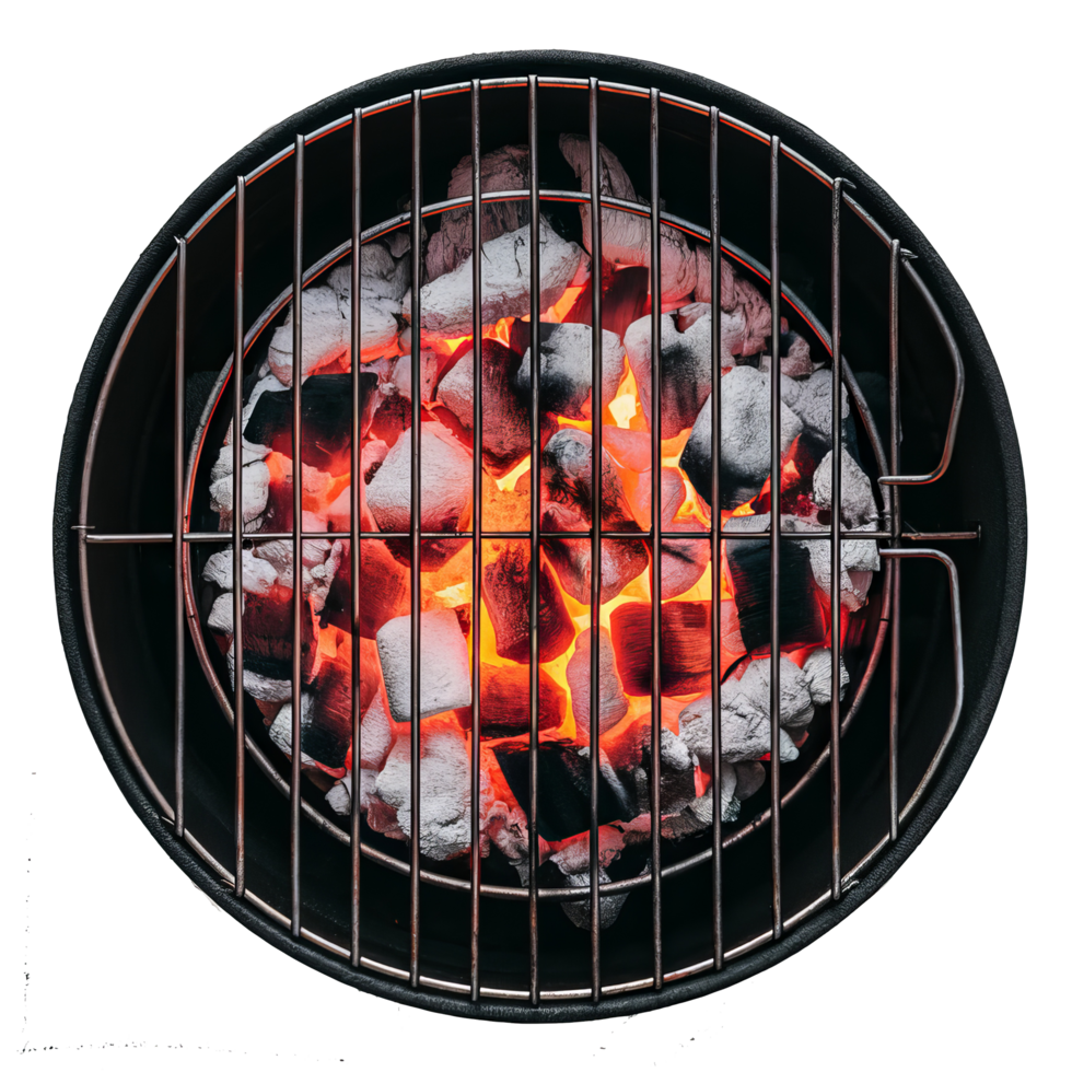 grilling steaks on charcoal kettle grill outdoors in yard shot from top view with copy space composition png