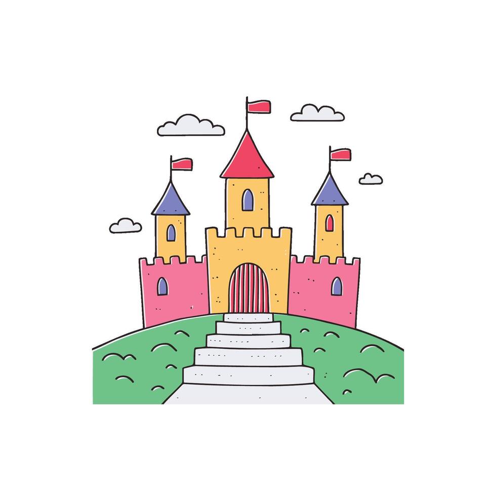 Illustration of a castle with towers and stairs leading up to them vector