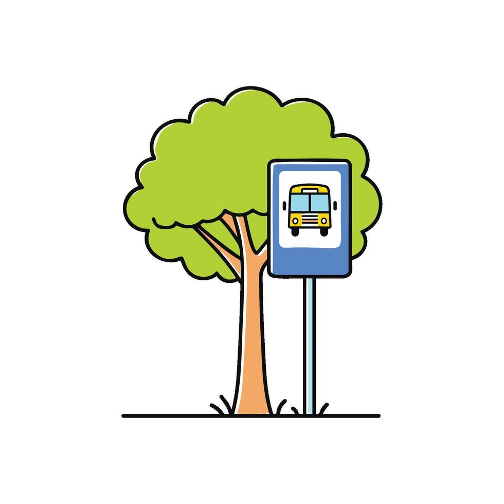 Illustration of bus stop sign stand beside tree vector