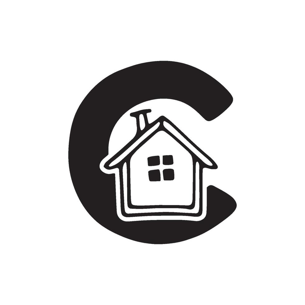 Illustration letter C logo combine with house doodle vector