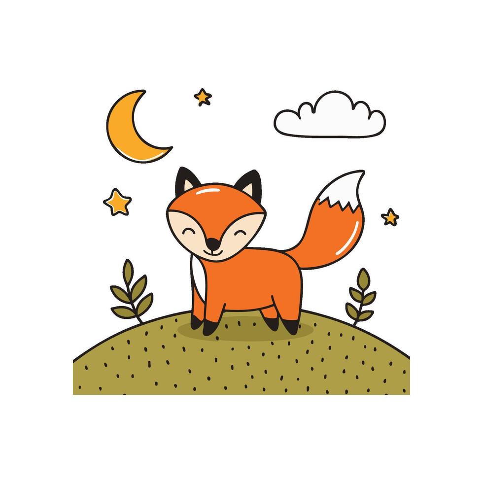 Illustration of cute fox in the land with moon and star vector