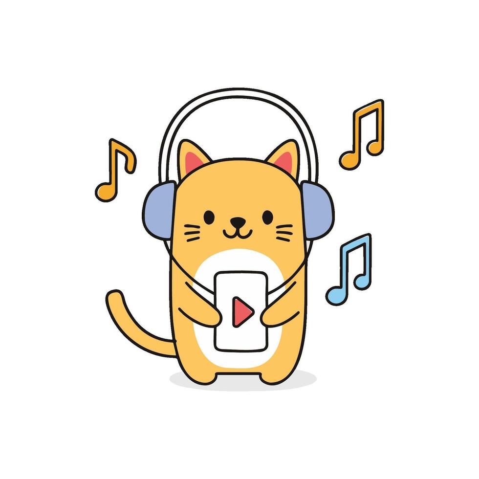Illustration of cute cat hearing music from headset and holidng music player vector