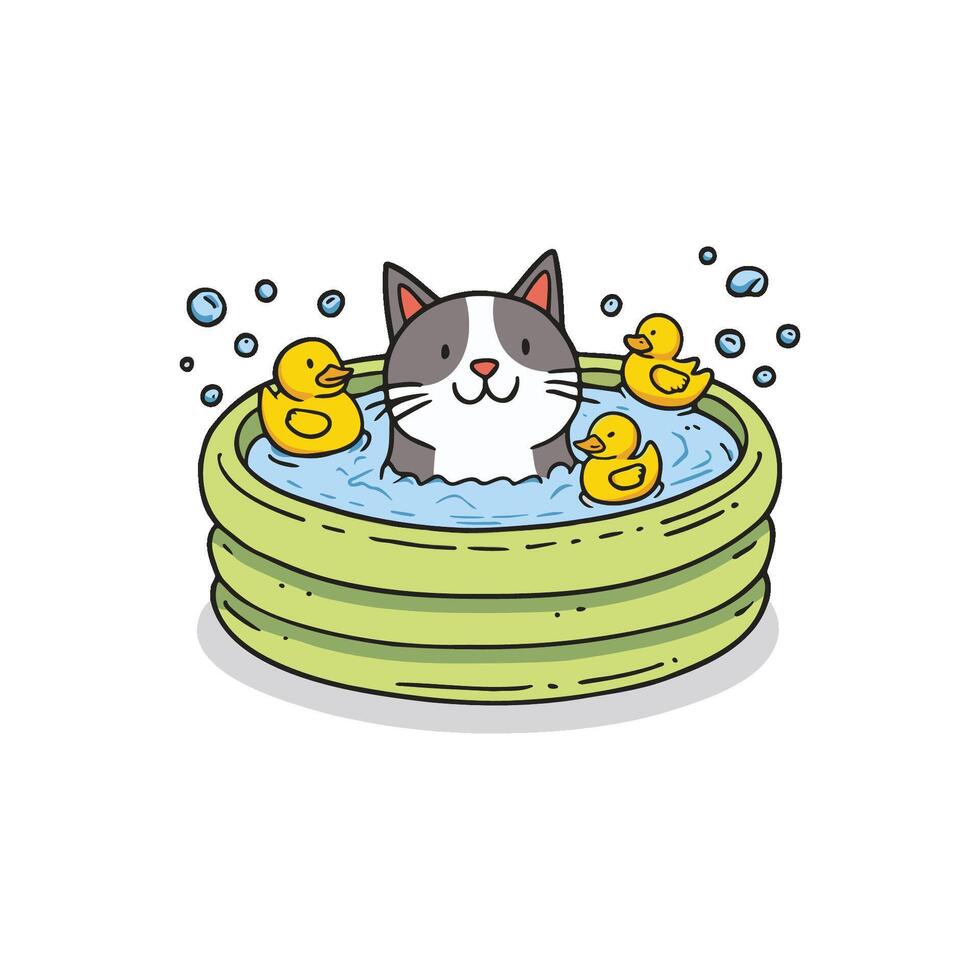 Illustration of happy cat bathe in a inflate pool with duck toys vector