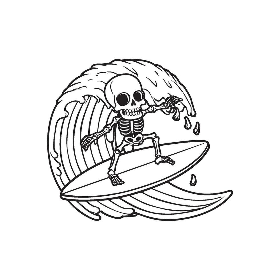 Illustration of cute skeleton surfing wave vector