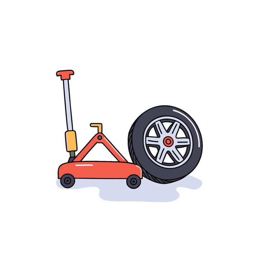 Illustration of a car jack with a spare tire vector