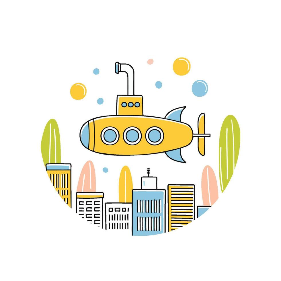Submarine with an underwater city doodle illustration vector