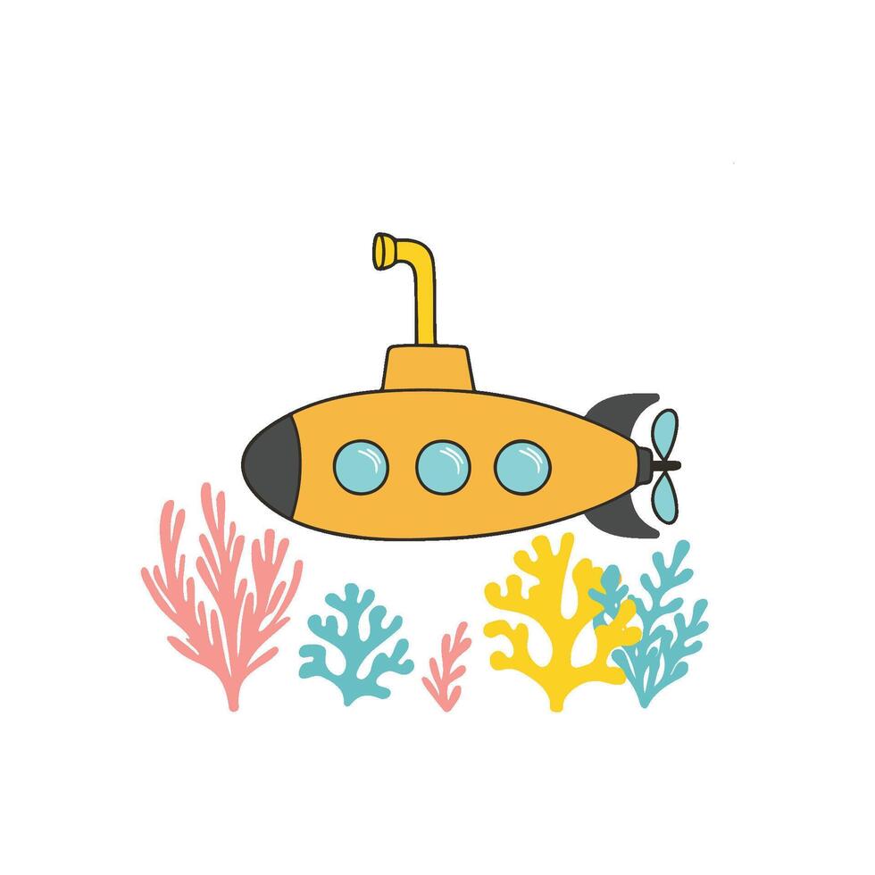 Submarine in a coral reef doodle illustration vector