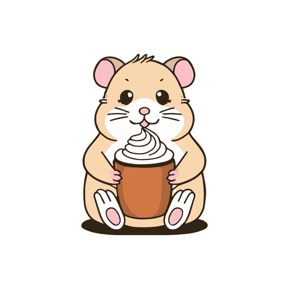 Simple illustration of cute hamster holding a hot chocolate with whipped cream vector