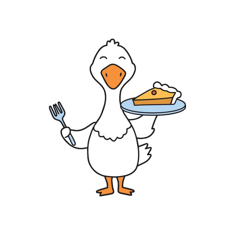Simple illustration of cute goose holding a pie slice with a fork vector