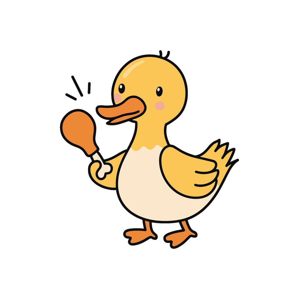 Simple illustration of cute duck with a chicken drumstick with a bone vector