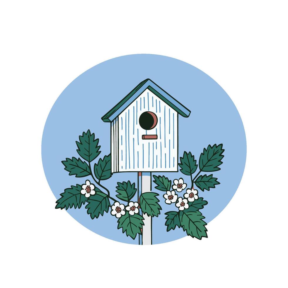 Illustration of nest box with flowering hawthorn bush vector