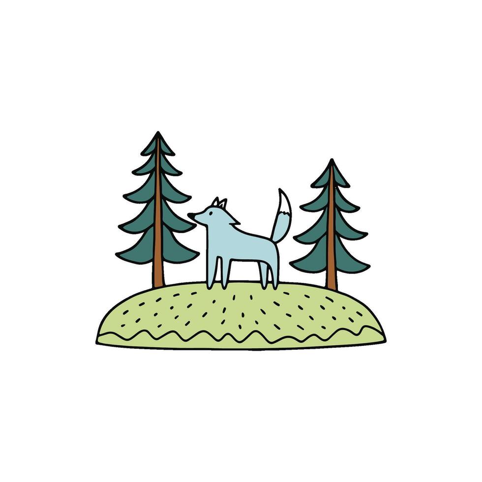 Illustration of wolf on a mound in a pine forest vector