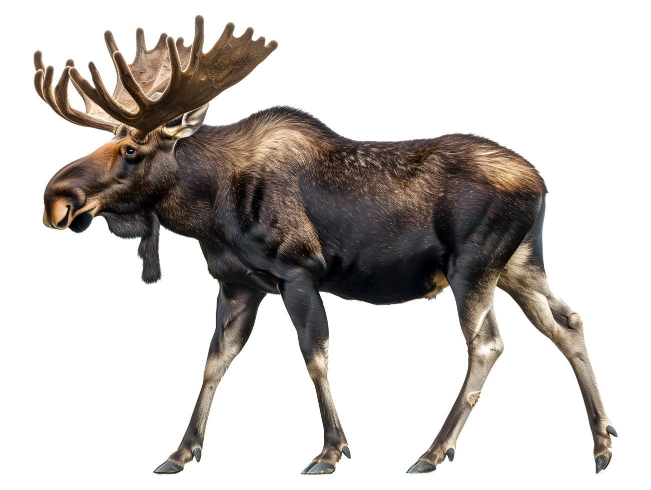 Moose standing with large antlers, isolated on a transparent background png