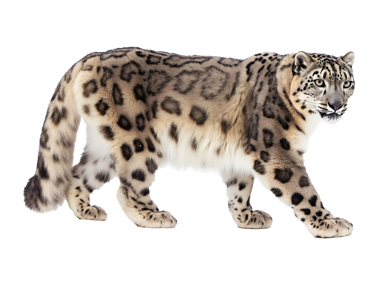 Snow leopard standing, isolated on a transparent background png