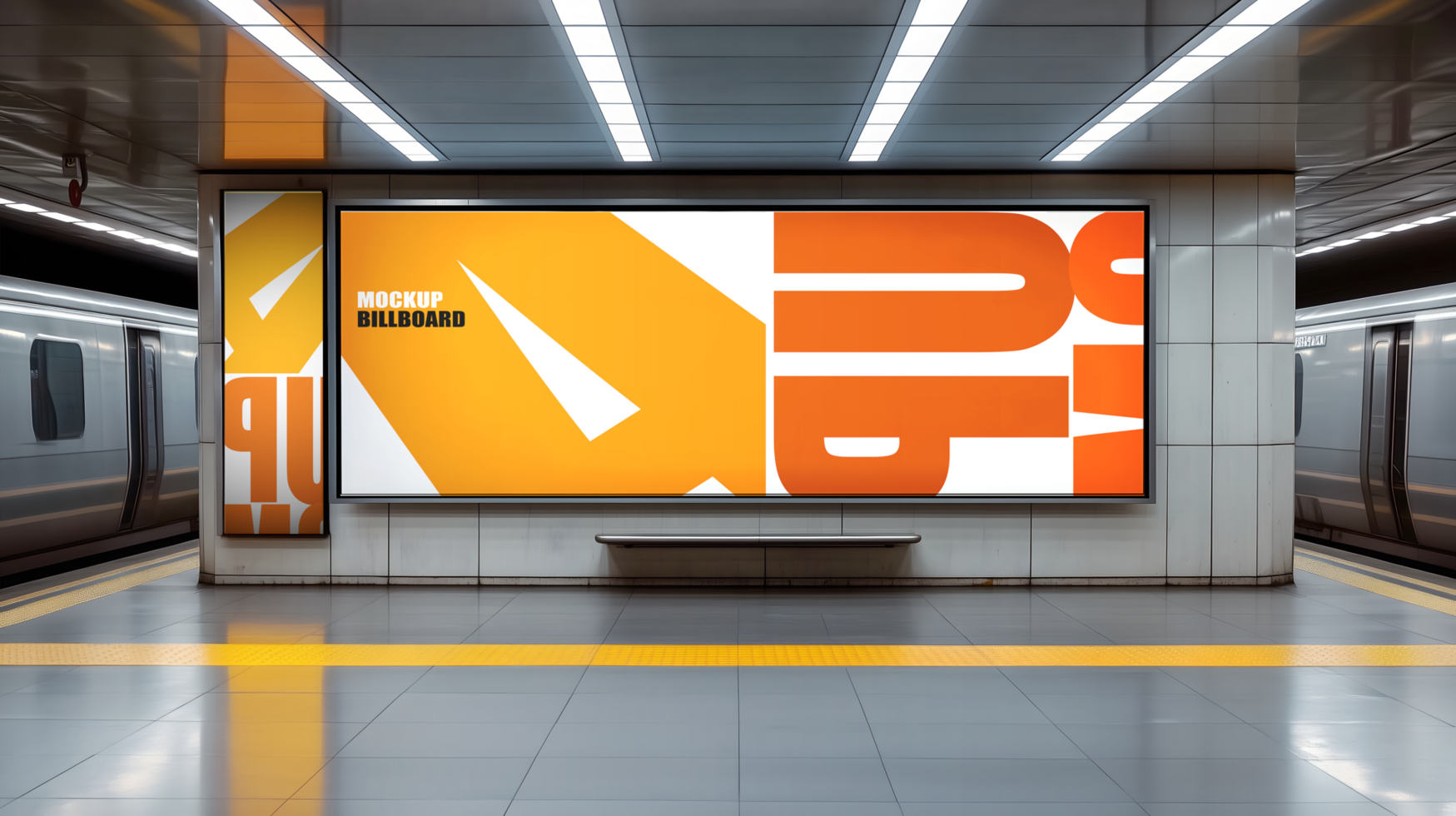 A subway train is shown with a large billboard psd