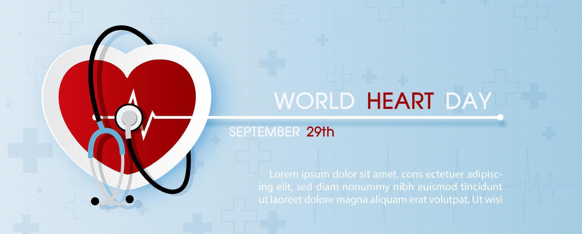 Poster's concept of world heart day in paper cut style with Stethoscope around on a red heart with wording of event, example texts on blue gradient and paper pattern background. vector