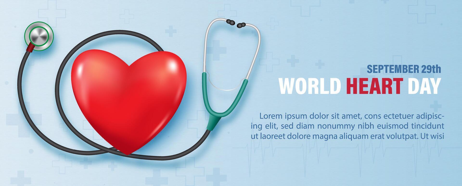 Stethoscope with red heart and wording of event, example texts on and blue gradient background. vector