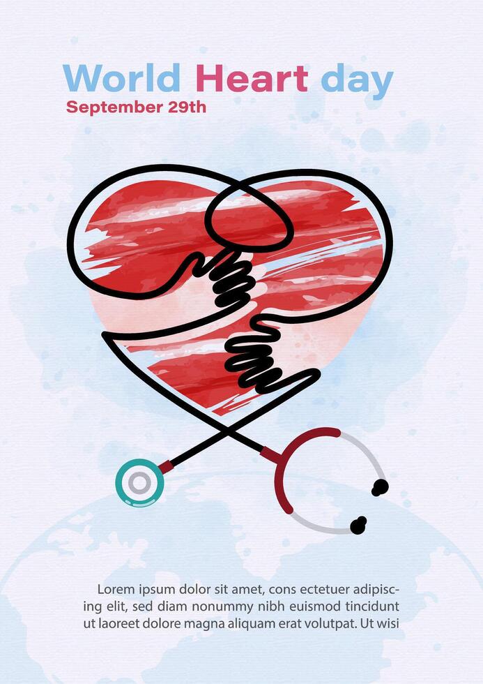 Image of Stethoscope make a human hands acting hug a red heart and wording of World Heart Day, example texts on blue paper pattern background. vector