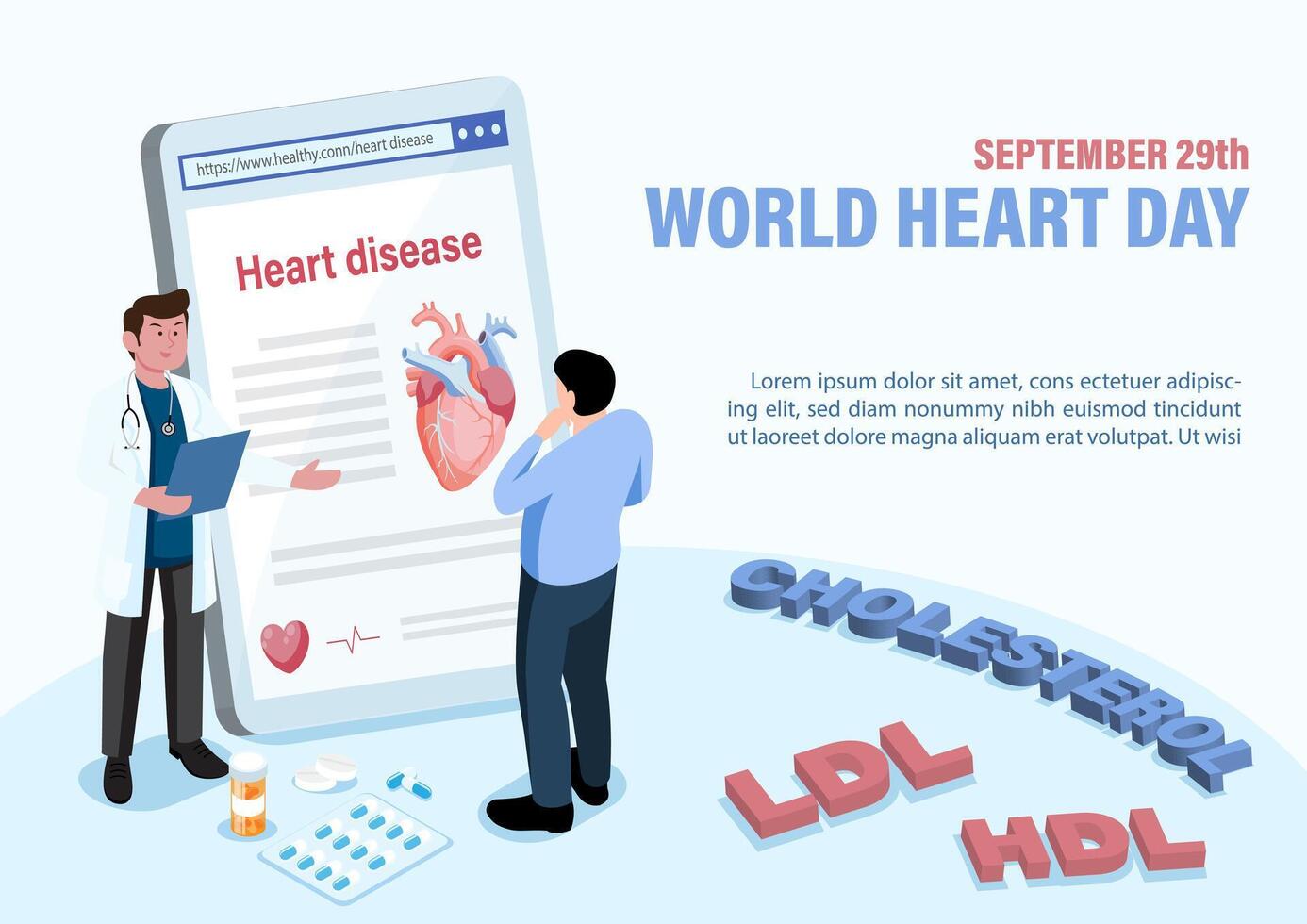 Doctor in cartoon character with information of heart disease in a giant tablet and wording of event, example texts on blue background. vector
