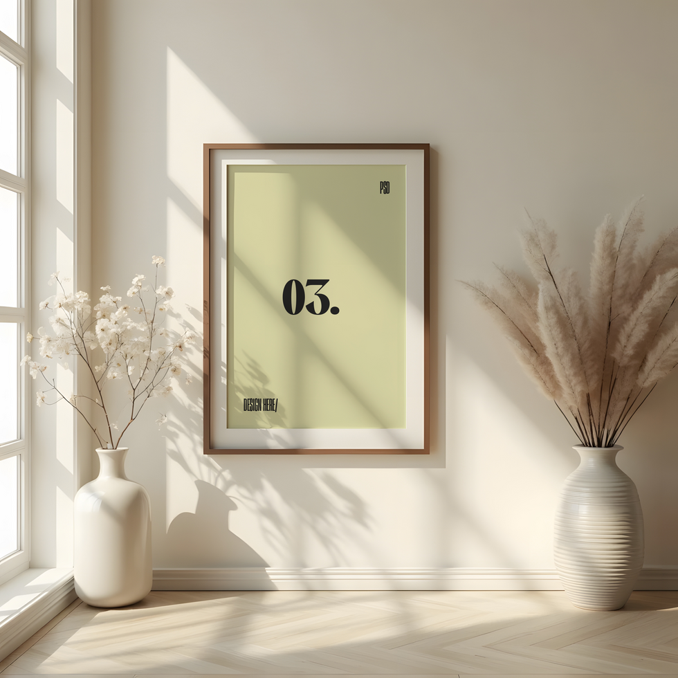 Framed poster mockup in a room with white walls and a vase psd