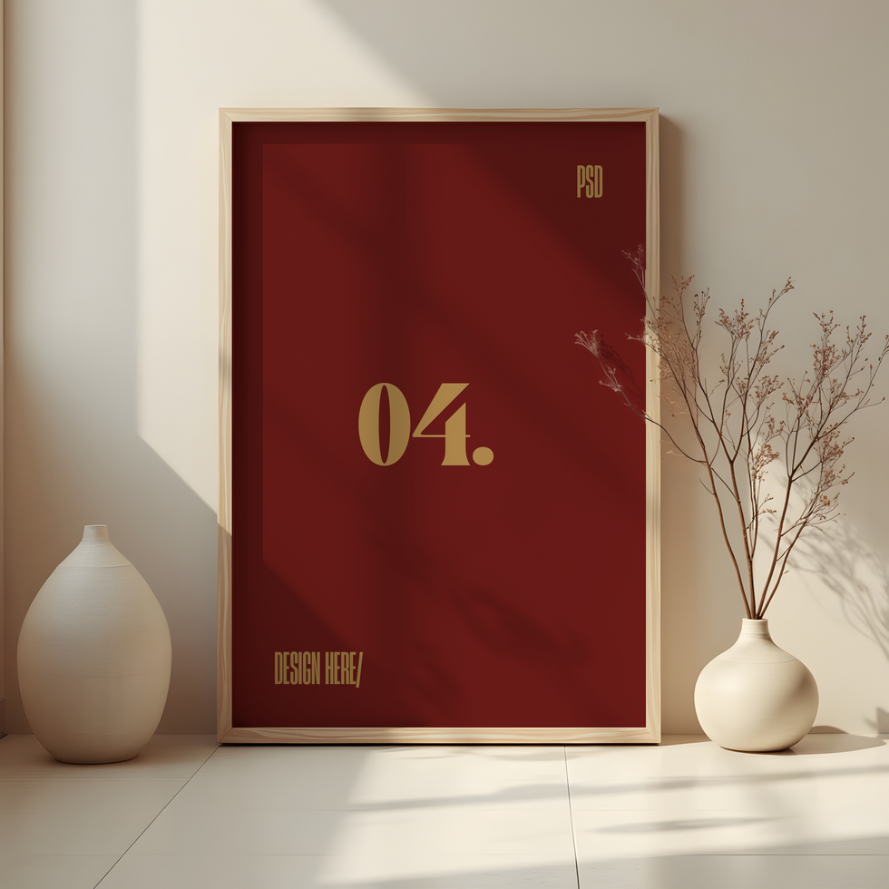 Poster mockup in a room with a vase and a framed photo psd