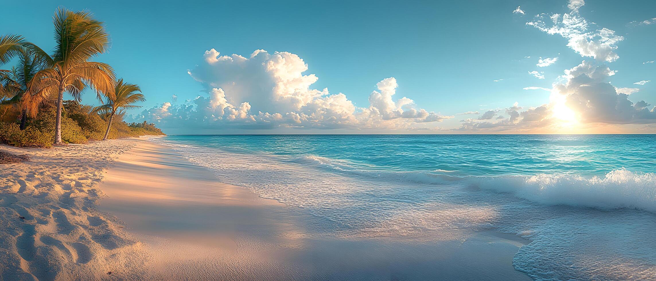 A clean white sandy beach stretches under a vast blue sky, with clear turquoise waters sparkling in the warm sunlight. Soft, foamy waves gently lap the shore perfect for eco-tourism posters or media. photo