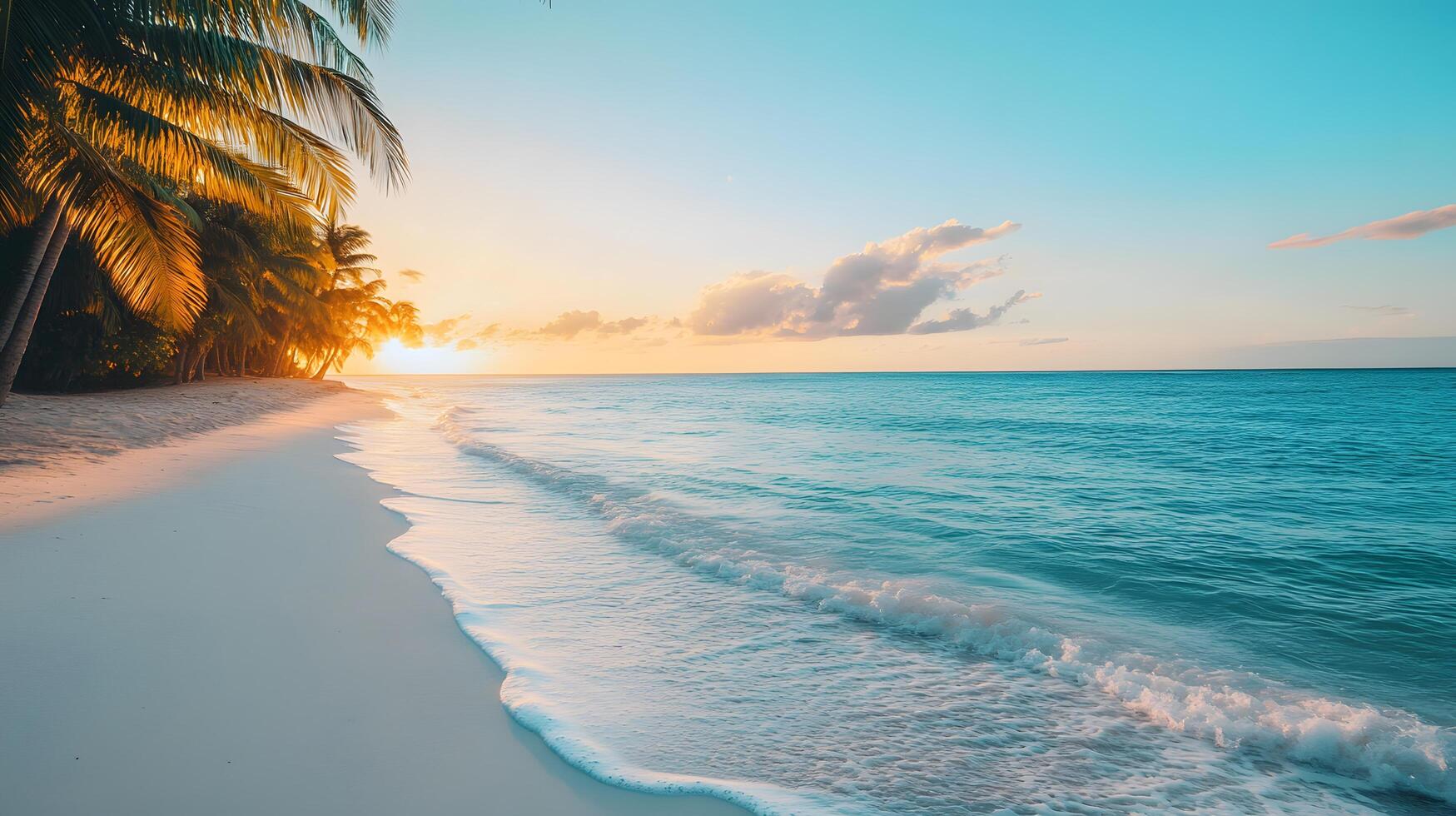 A clean white sandy beach stretches under a vast blue sky, with clear turquoise waters sparkling in the warm sunlight. Soft, foamy waves gently lap the shore perfect for eco-tourism posters or media. photo