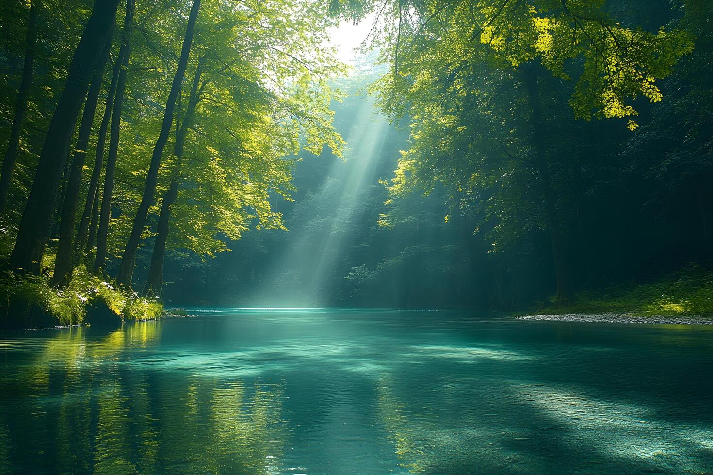 A bright and peaceful view of a lush forest with a crystal clear stream that reveals the rocks beneath. Sunlight filters through tall trees. No people. A natural scene suitable for ecotourism. photo