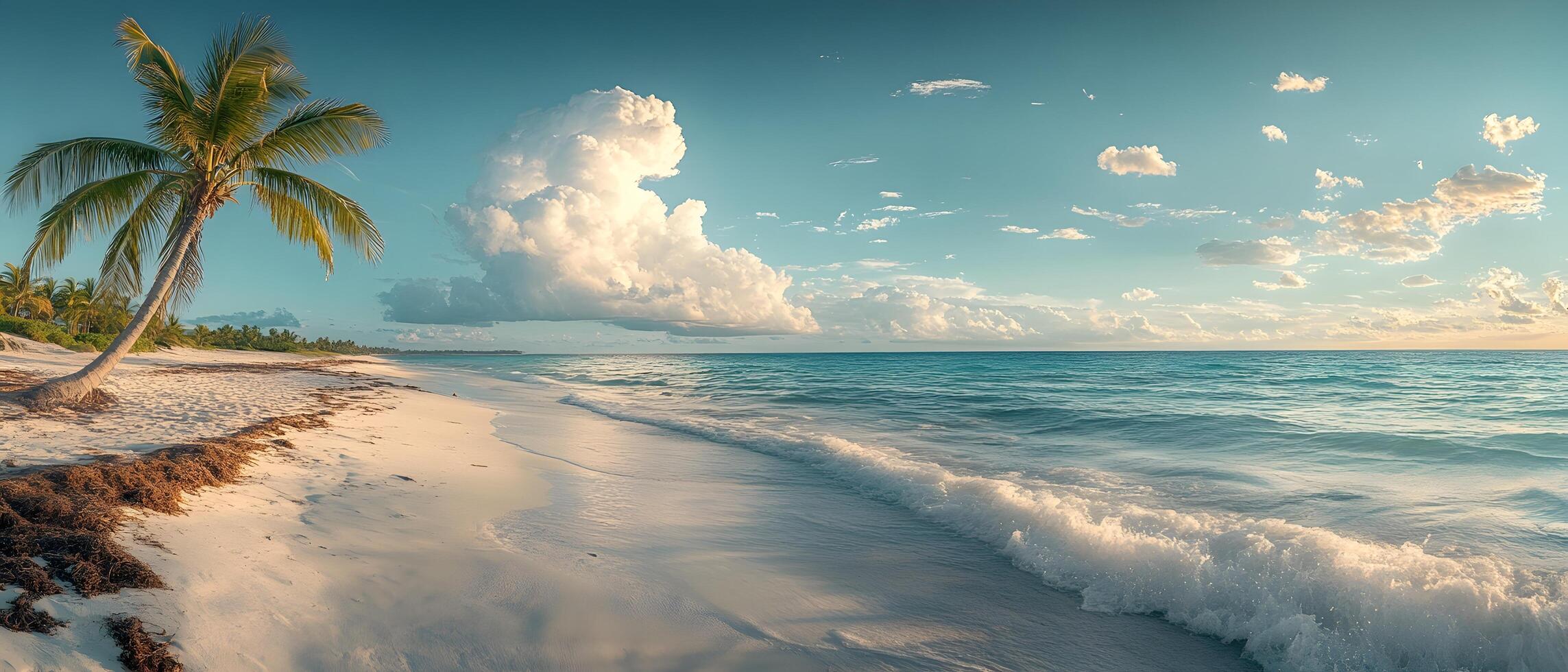 A clean white sandy beach stretches under a vast blue sky, with clear turquoise waters sparkling in the warm sunlight. Soft, foamy waves gently lap the shore perfect for eco-tourism posters or media. photo