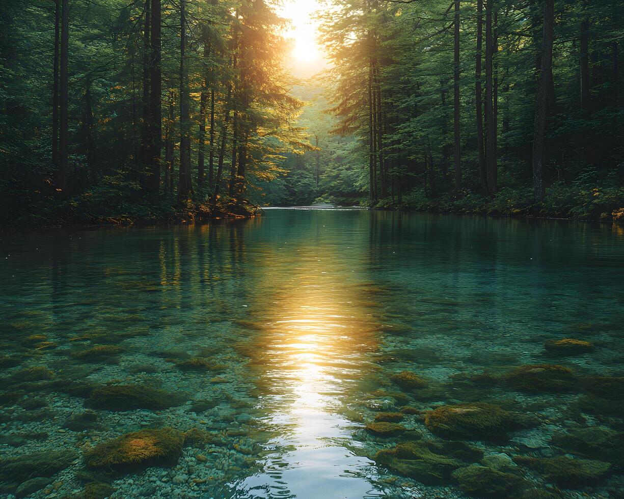 A bright and peaceful view of a lush forest with a crystal clear stream that reveals the rocks beneath. Sunlight filters through tall trees. No people. A natural scene suitable for ecotourism. photo
