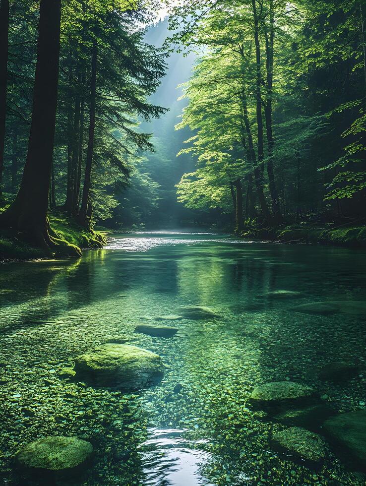 A bright and peaceful view of a lush forest with a crystal clear stream that reveals the rocks beneath. Sunlight filters through tall trees. No people. A natural scene suitable for ecotourism. photo