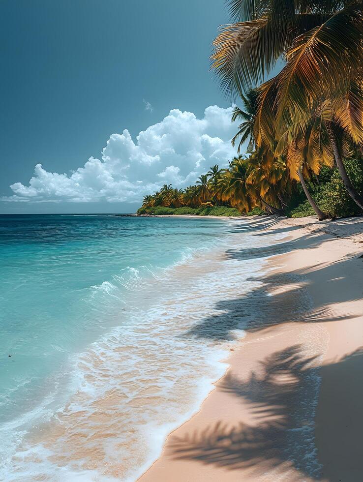 A clean white sandy beach stretches under a vast blue sky, with clear turquoise waters sparkling in the warm sunlight. Soft, foamy waves gently lap the shore perfect for eco-tourism posters or media. photo