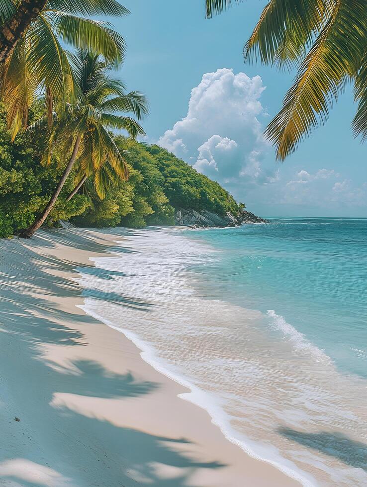 A clean white sandy beach stretches under a vast blue sky, with clear turquoise waters sparkling in the warm sunlight. Soft, foamy waves gently lap the shore perfect for eco-tourism posters or media. photo