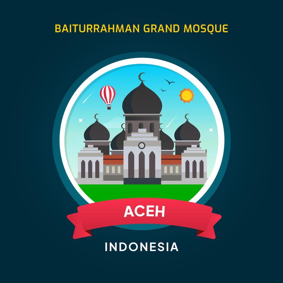 Indonesia Landmark Badge Aceh, Baiturrahman Mosque vector