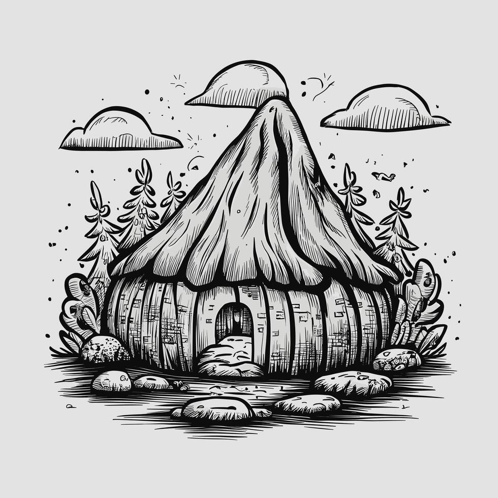 A drawing of a hut in the woods vector