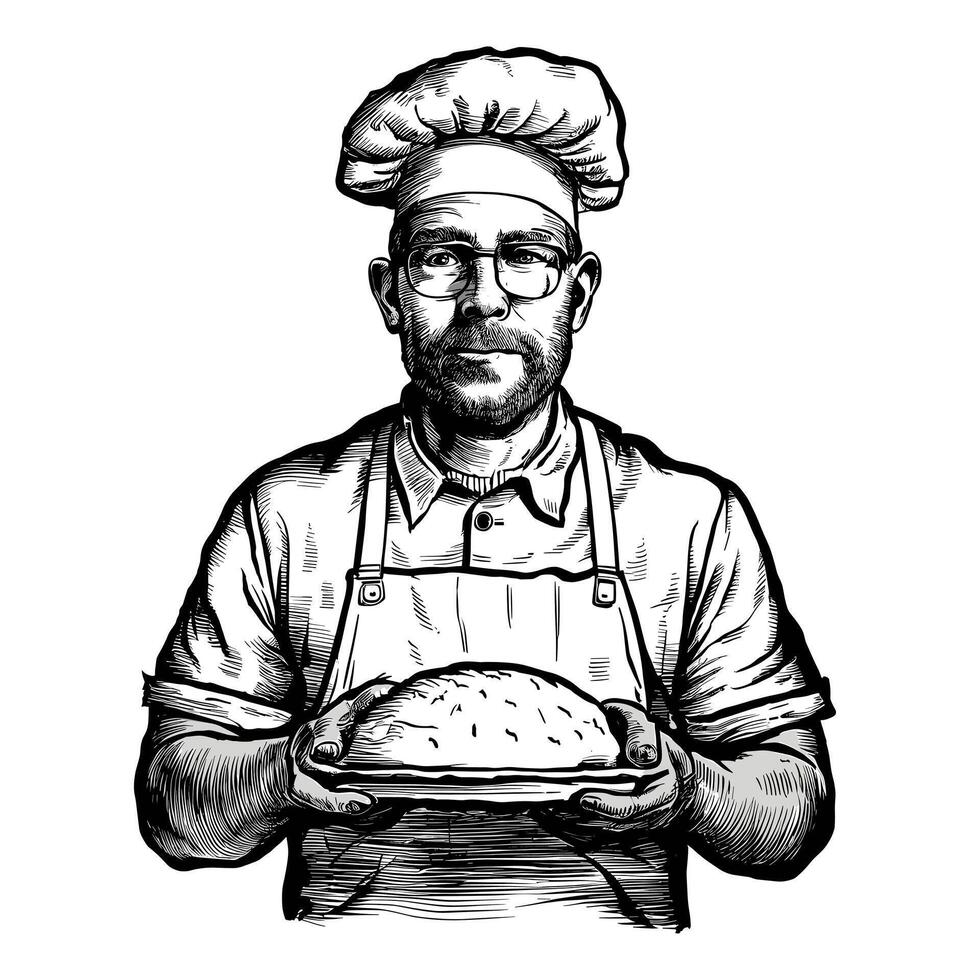 A man in a chef's hat holding a loaf of bread vector
