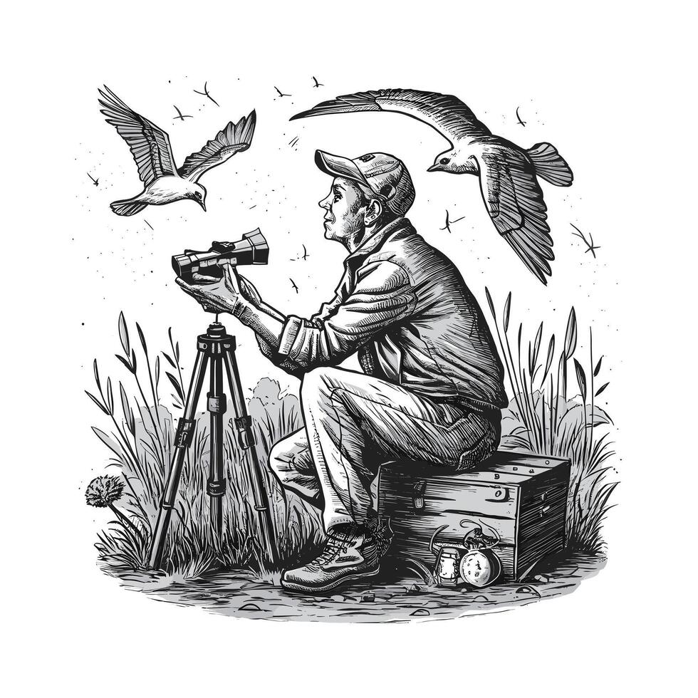 A man is looking at a bird on a tripod vector