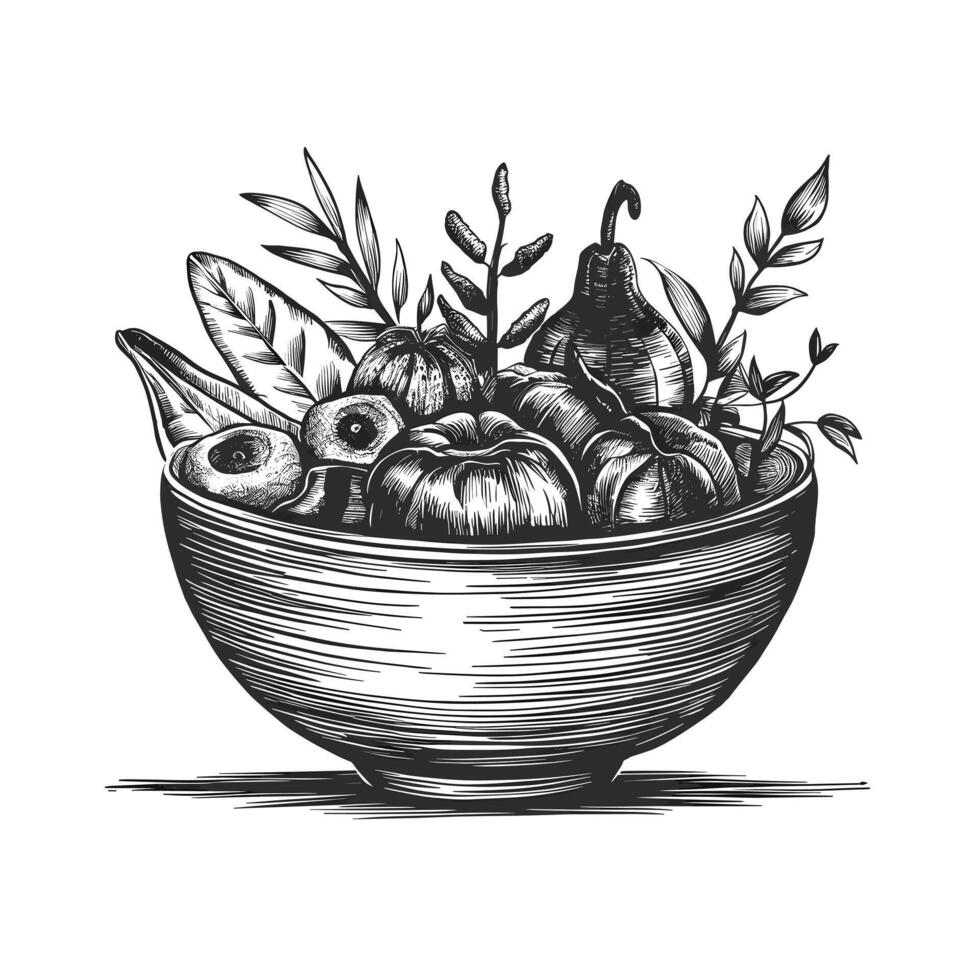 A black and white drawing of a bowl full of fruit vector