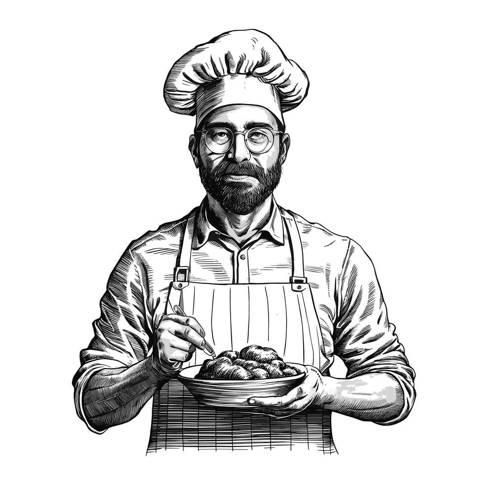 A black and white drawing of a chef holding a bowl of food vector