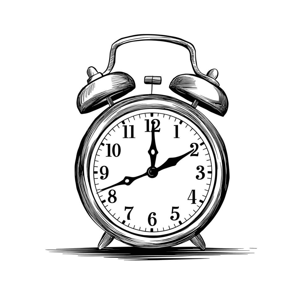 Alarm clock Monochrome ink sketch drawing, engraving style illustration vector