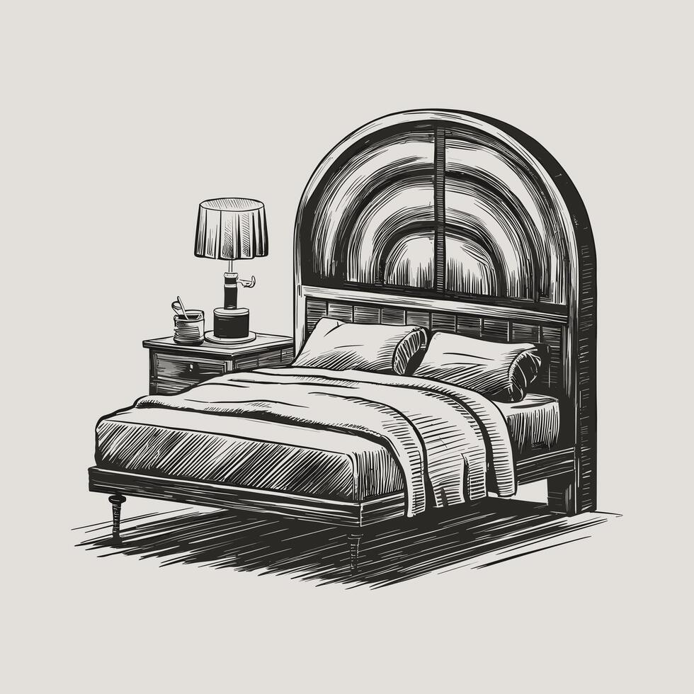 A sketch of a bed with a lamp and a nightstand vector