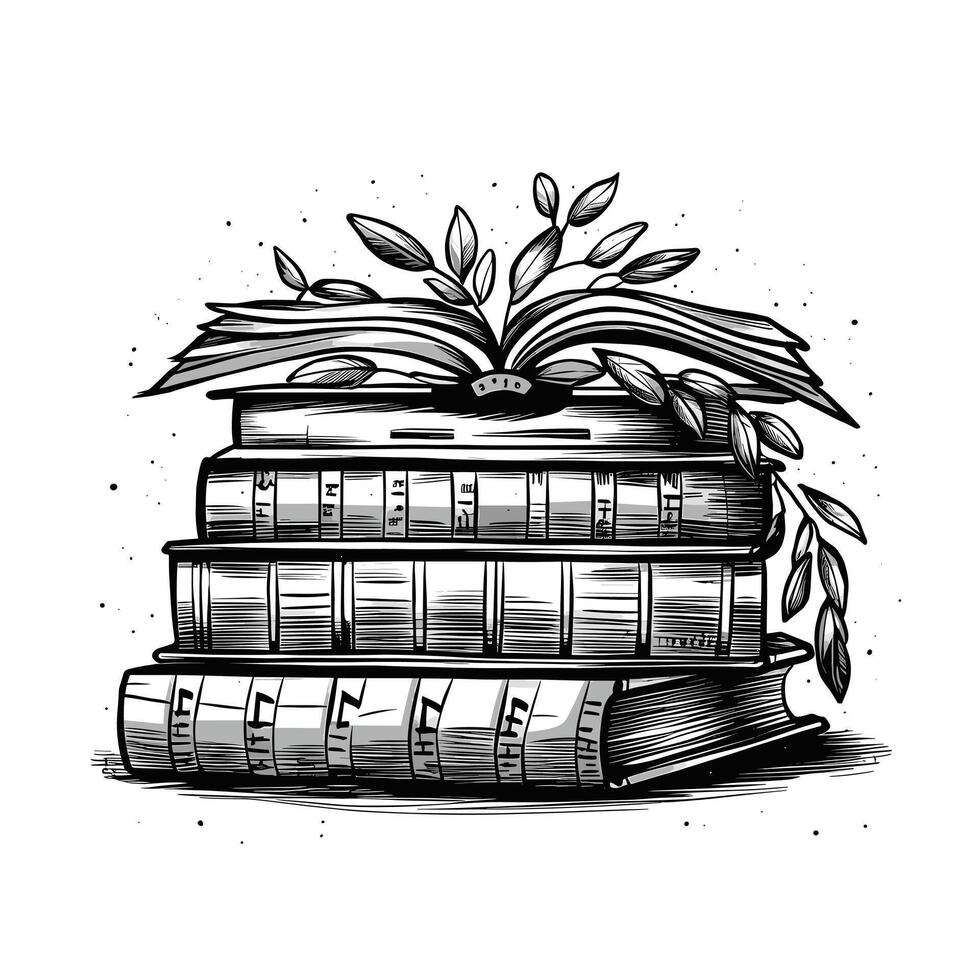 A black and white drawing of a stack of books with leaves vector