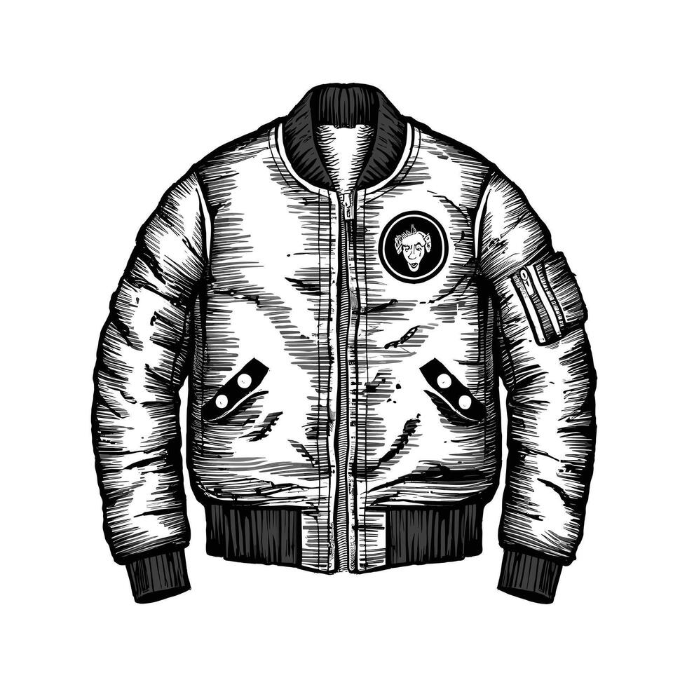 Bomber jacket ink sketch drawing, black and white, engraving style illustration vector